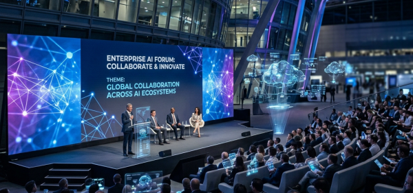 Panel of speakers presenting on AI collaboration to audience with digital tablets and holograms