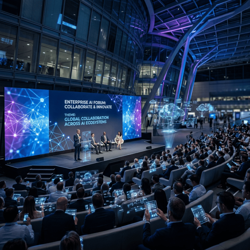 Panel of speakers presenting on AI collaboration to audience with digital tablets and holograms