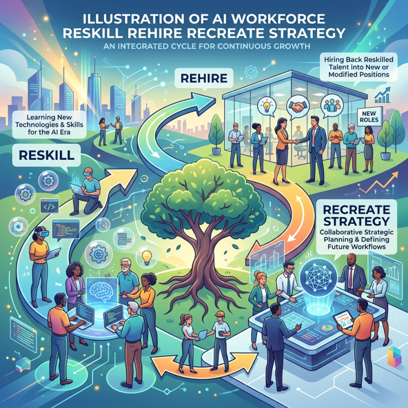 Cycle diagram showing AI workforce strategy with reskill, rehire, and recreate phases