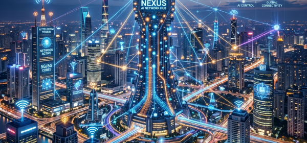 City skyline at night with AI network connections between buildings and satellites