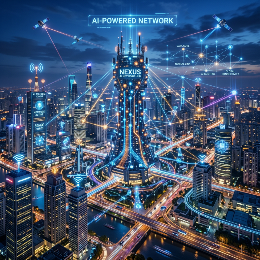 City skyline at night with AI network connections between buildings and satellites