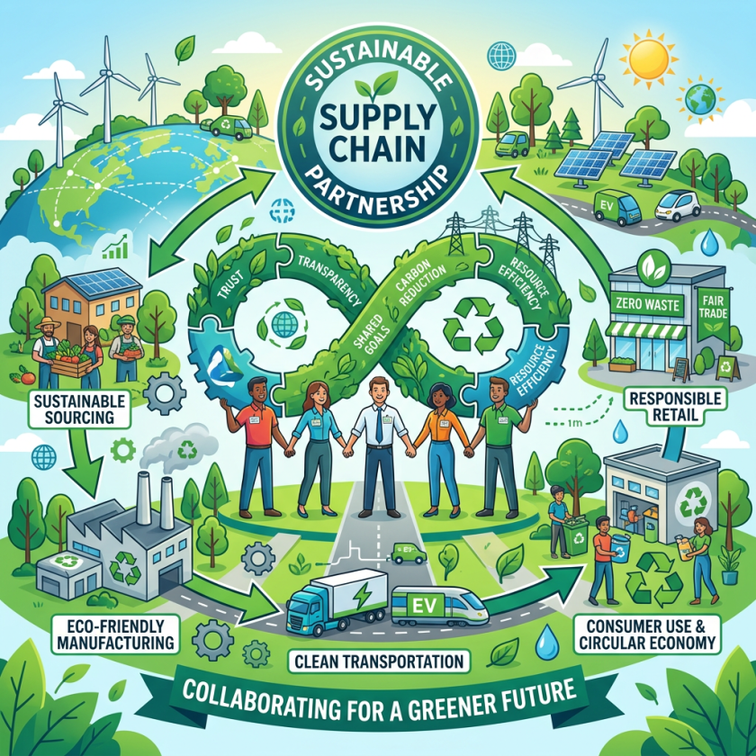 Sustainable supply chain partnership with eco-friendly sourcing, manufacturing, transportation, retail, and circular economy