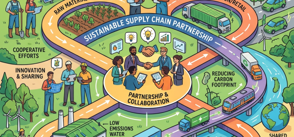 Diagram showing sustainable supply chain partnership with stages raw material sourcing, manufacturing, distribution, and collaboration