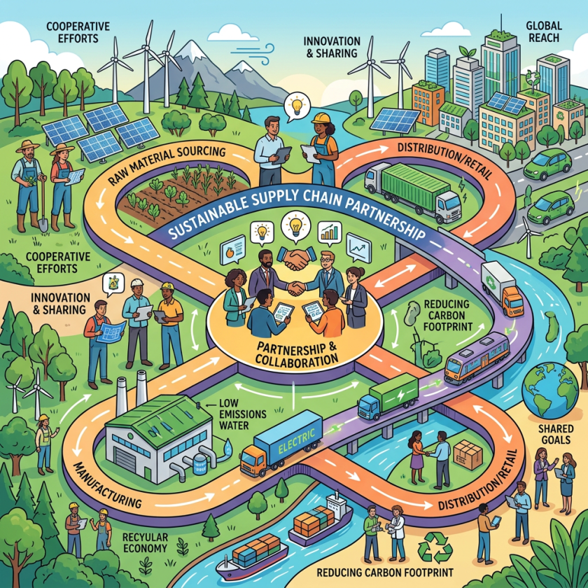 Diagram showing sustainable supply chain partnership with stages raw material sourcing, manufacturing, distribution, and collaboration