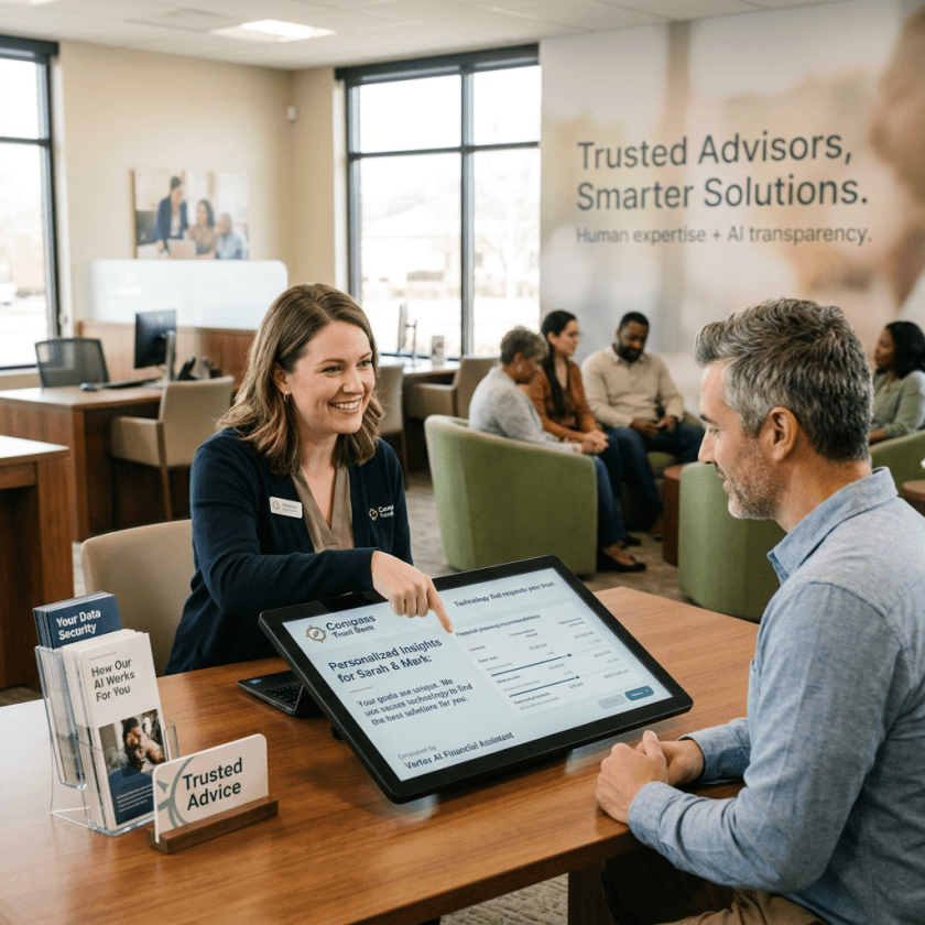 Financial advisor showing personalized investment insights on a touchscreen to a client in an office setting