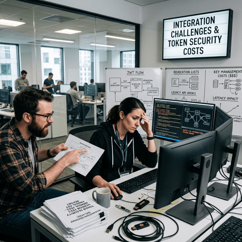 Two software engineers discussing code and diagrams about token security challenges at a computer workstation