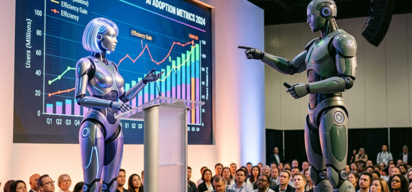 Humanoid robots presenting global AI adoption metrics and data trends to a seated audience at a conference.
