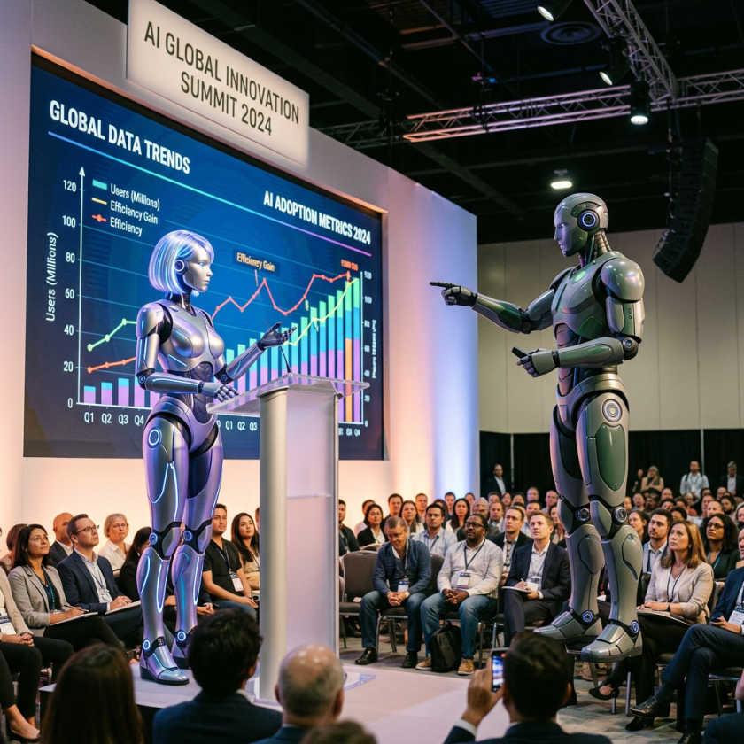 Humanoid robots presenting global AI adoption metrics and data trends to a seated audience at a conference.