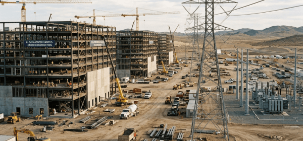 Construction site with metal framework buildings, cranes, workers, and power lines in a desert area