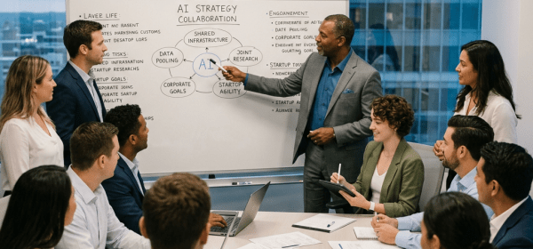 Business team discussing AI strategy and collaboration around a conference table