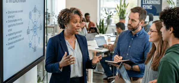 Professional woman presenting AI in education to colleagues in office