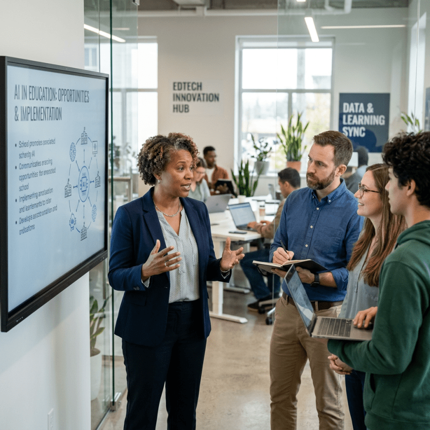 Professional woman presenting AI in education to colleagues in office