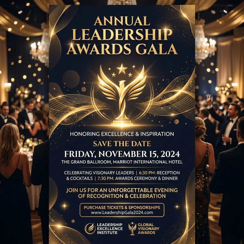 Event invitation for Annual Leadership Awards Gala on November 15, 2024 with reception and awards ceremony details