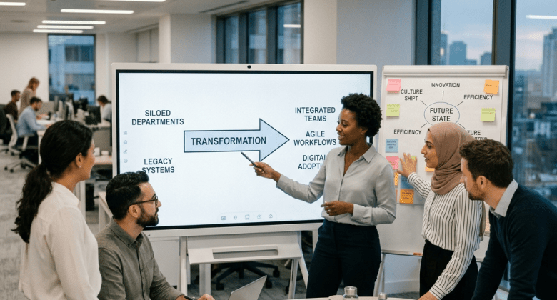 Team discussing transformation from siloed departments to integrated agile workflows with visual aids