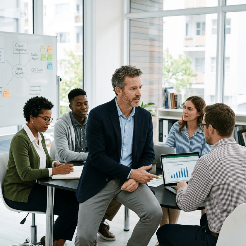 Five professionals collaborating around a table with laptop and whiteboard