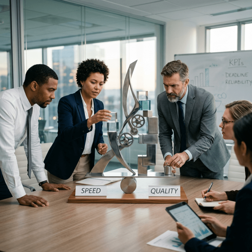 Business professionals examining a sculpture labeled speed and quality balancing on a table