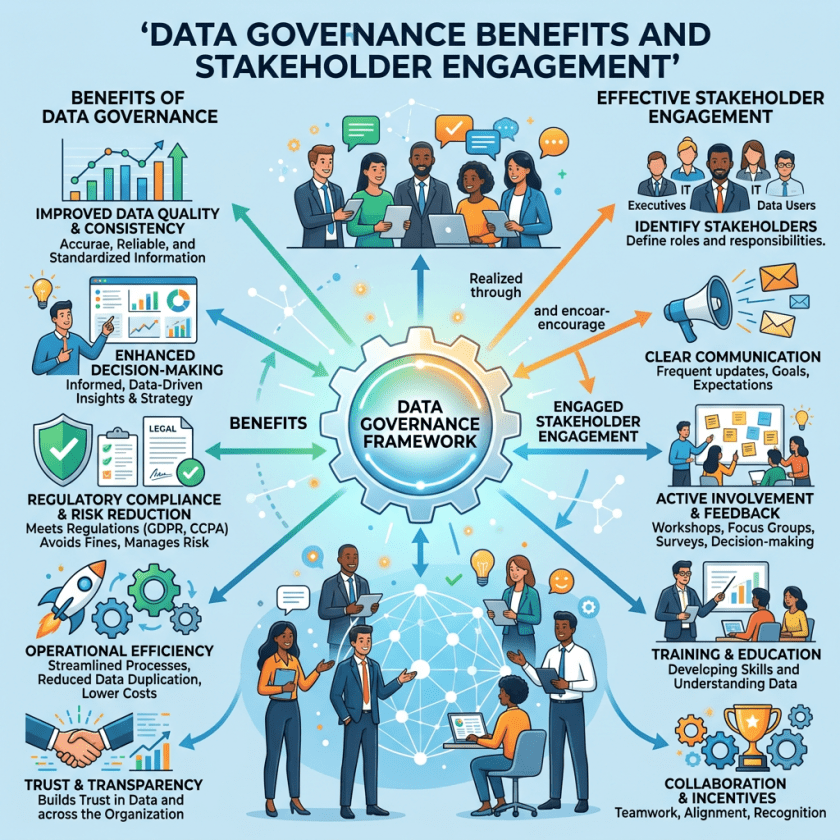 Diagram detailing data governance benefits and effective stakeholder engagement components.