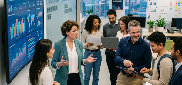 Group of professionals discussing business data with charts and graphs on screen