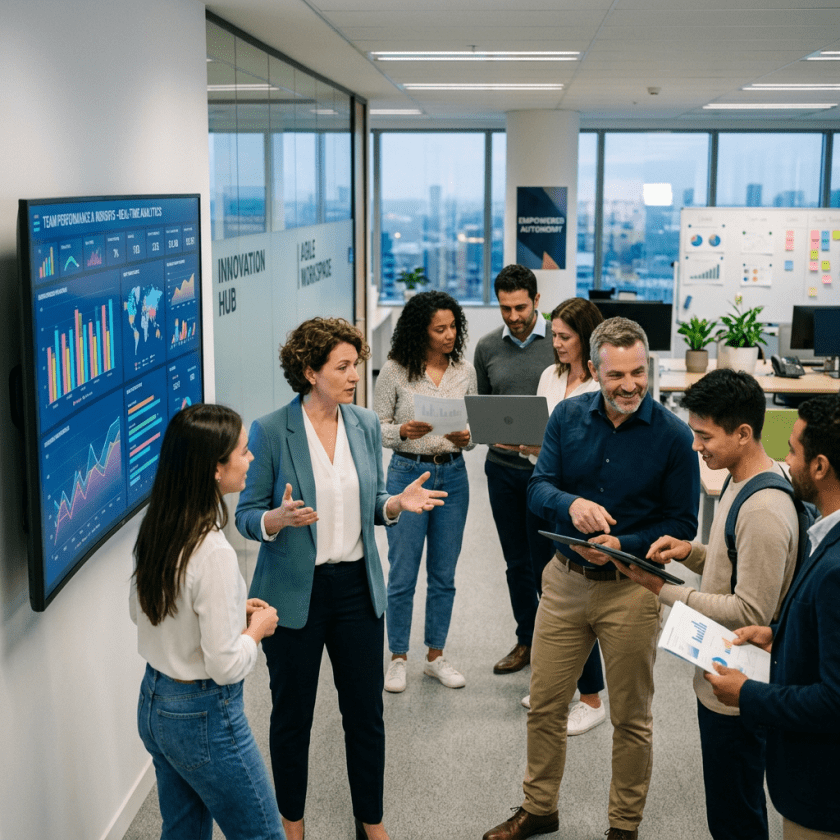 Group of professionals discussing business data with charts and graphs on screen