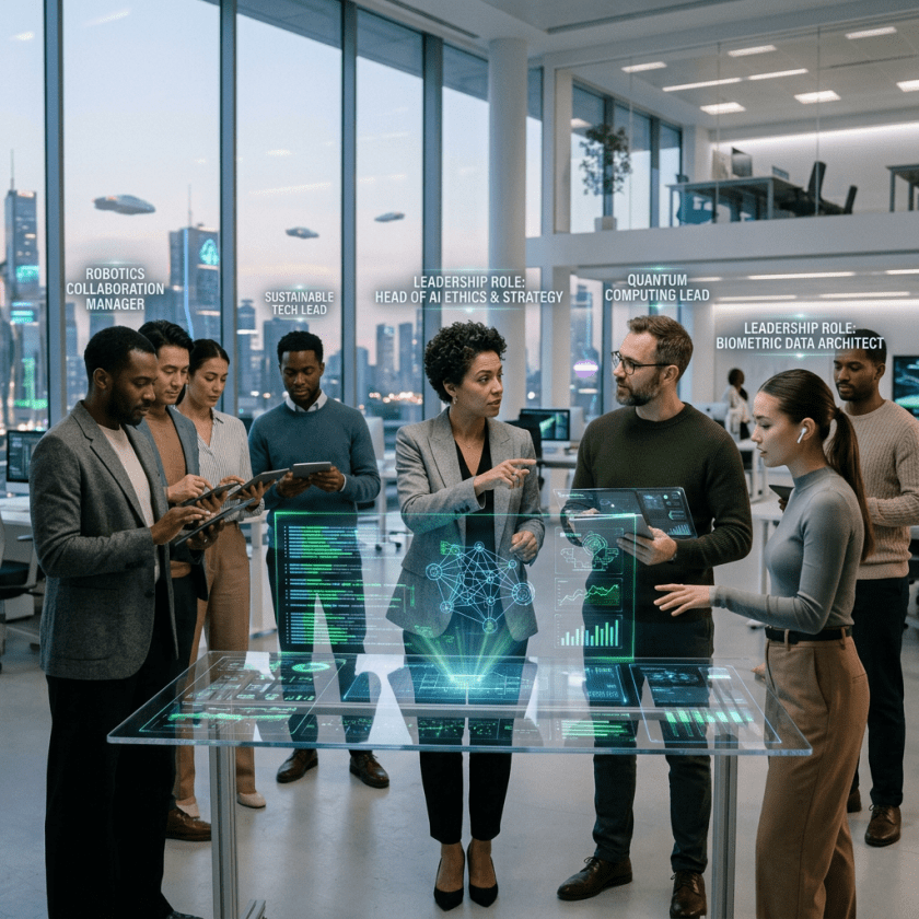 Technology team discussing AI, quantum computing, and biometric data with holographic interfaces