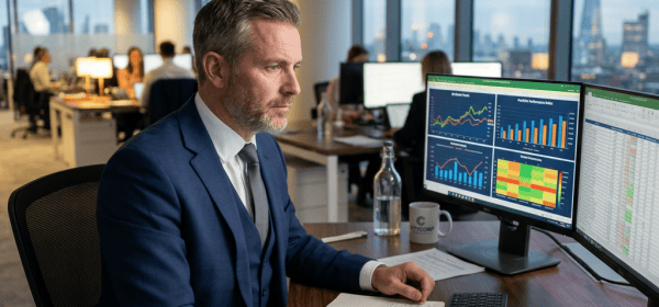 Businessman in suit analyzing financial charts and spreadsheets on computer screens in office