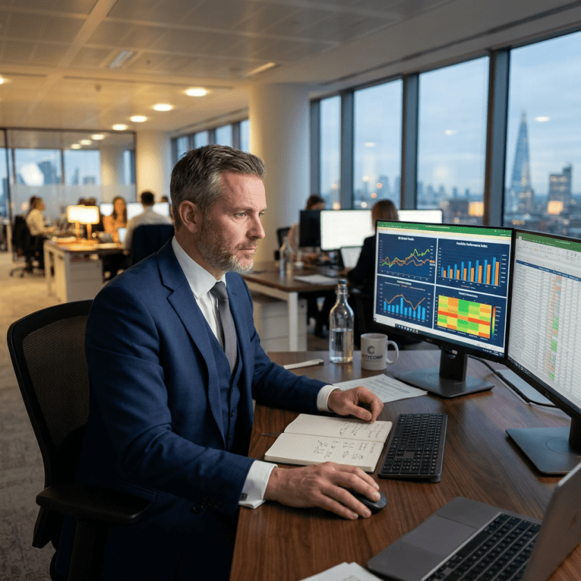 Businessman in suit analyzing financial charts and spreadsheets on computer screens in office