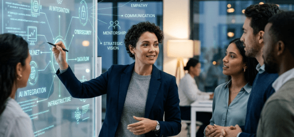 Businesswoman presenting AI integration and cybersecurity concepts to a group