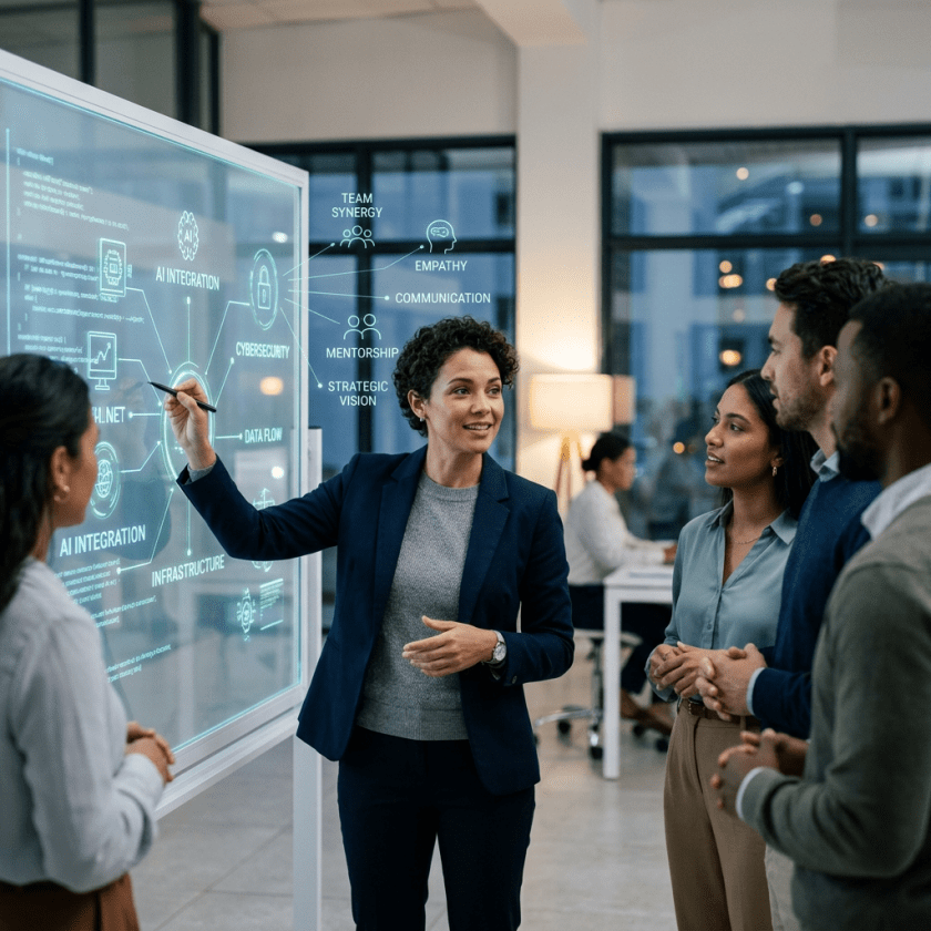 Businesswoman presenting AI integration and cybersecurity concepts to a group