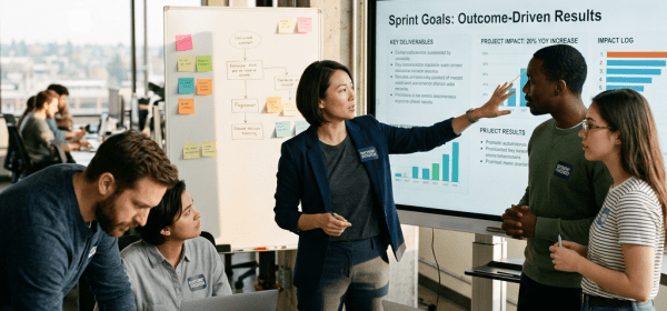 Team members discussing sprint goals and data during a meeting with charts and notes