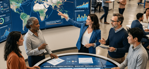 Team discussing AI-powered global supply chain network maps and predictive analytics on digital tables