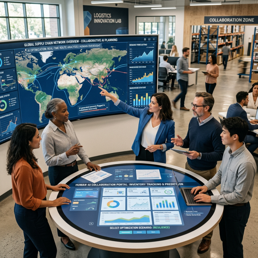 Team discussing AI-powered global supply chain network maps and predictive analytics on digital tables