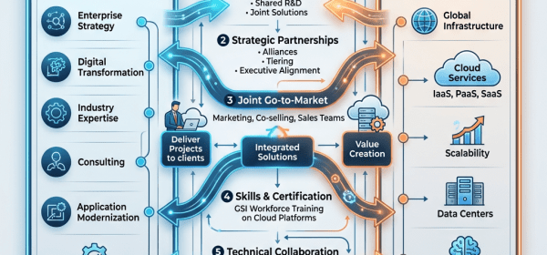 Diagram showing collaboration dynamics between GSIs and hyperscalers including enterprise strategy, digital transformation, cloud services, and joint go-to-market steps.