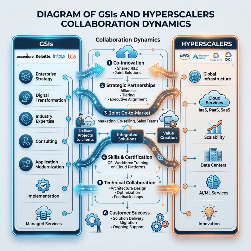 Diagram showing collaboration dynamics between GSIs and hyperscalers including enterprise strategy, digital transformation, cloud services, and joint go-to-market steps.