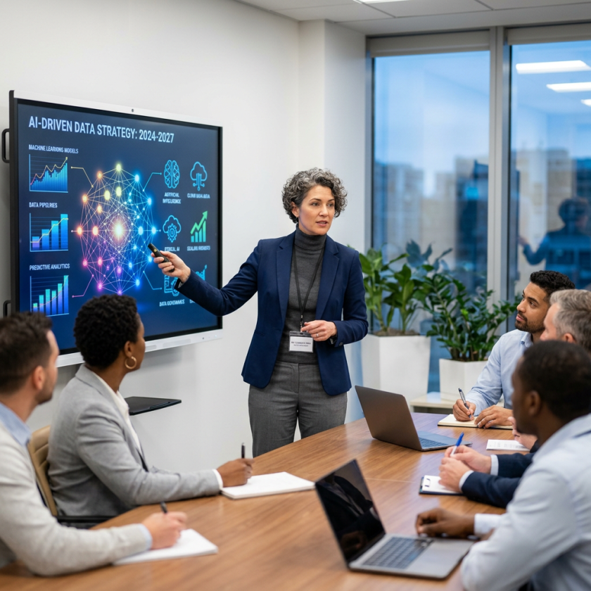 Woman presenting AI-driven data strategy with charts and icons on screen to diverse team