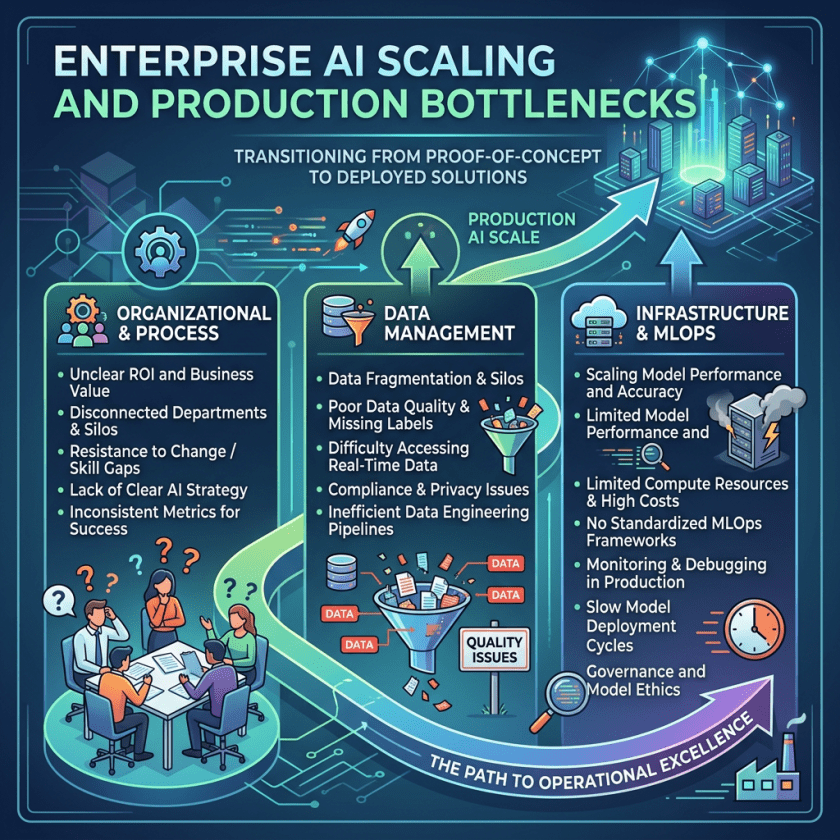 Infographic detailing organizational, data management, and infrastructure challenges in scaling enterprise AI.