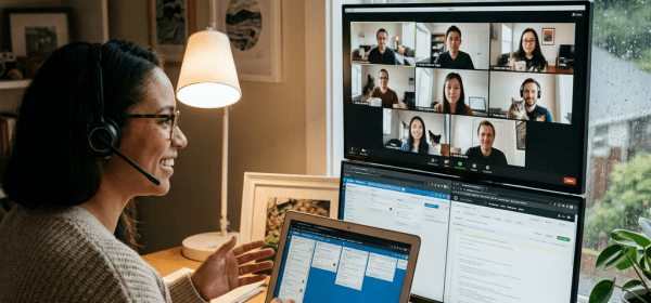 Woman with headset on video call with colleagues shown on large monitor