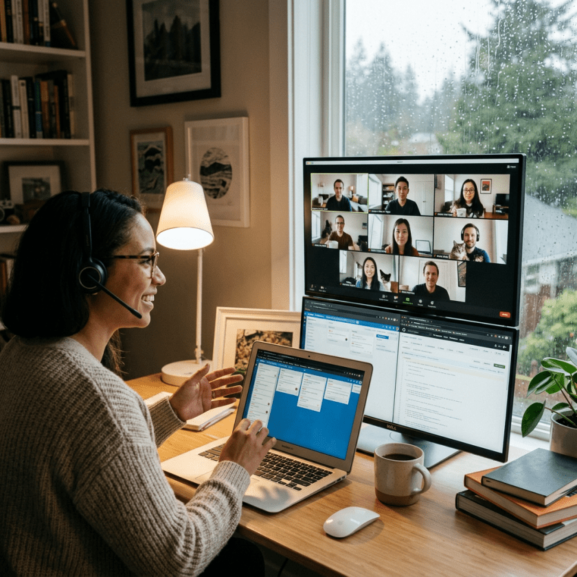 Woman with headset on video call with colleagues shown on large monitor