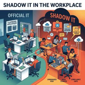 Workplace split between official IT with IT-approved applications and shadow IT with unauthorized apps, personal messaging, and secure file sharing risks
