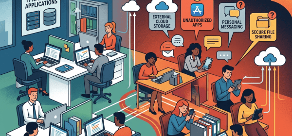 Workplace split between official IT with IT-approved applications and shadow IT with unauthorized apps, personal messaging, and secure file sharing risks