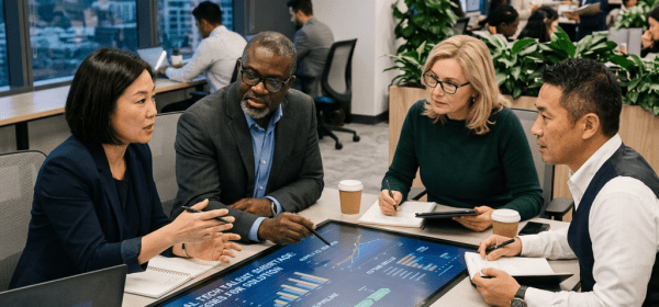 Four diverse professionals collaborating in a tech office around a digital interactive table showing charts on global tech talent shortage strategies