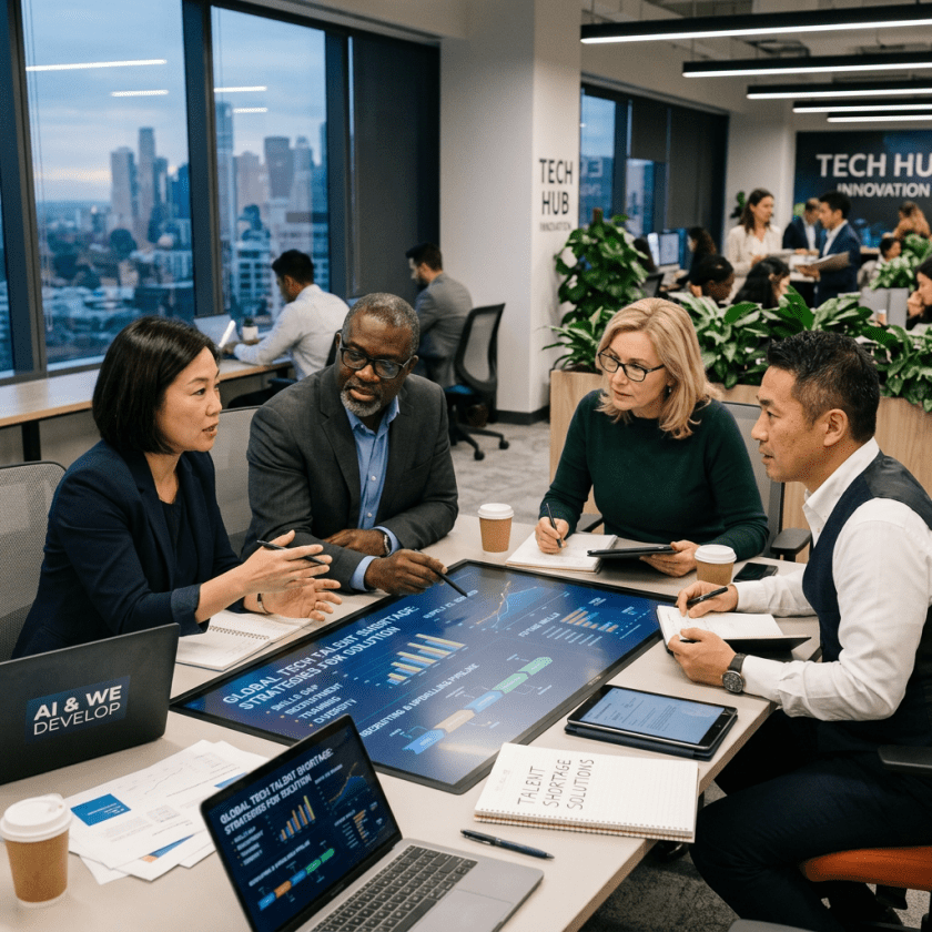 Four diverse professionals collaborating in a tech office around a digital interactive table showing charts on global tech talent shortage strategies