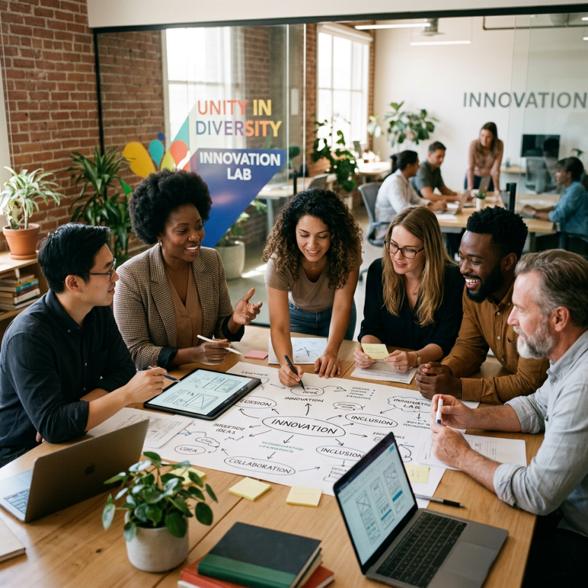 Multiracial team working around table with innovation and collaboration notes