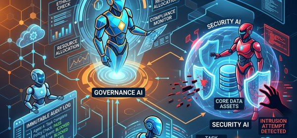 AI agents managing governance, security, operational tasks, and audit logging in a networked system