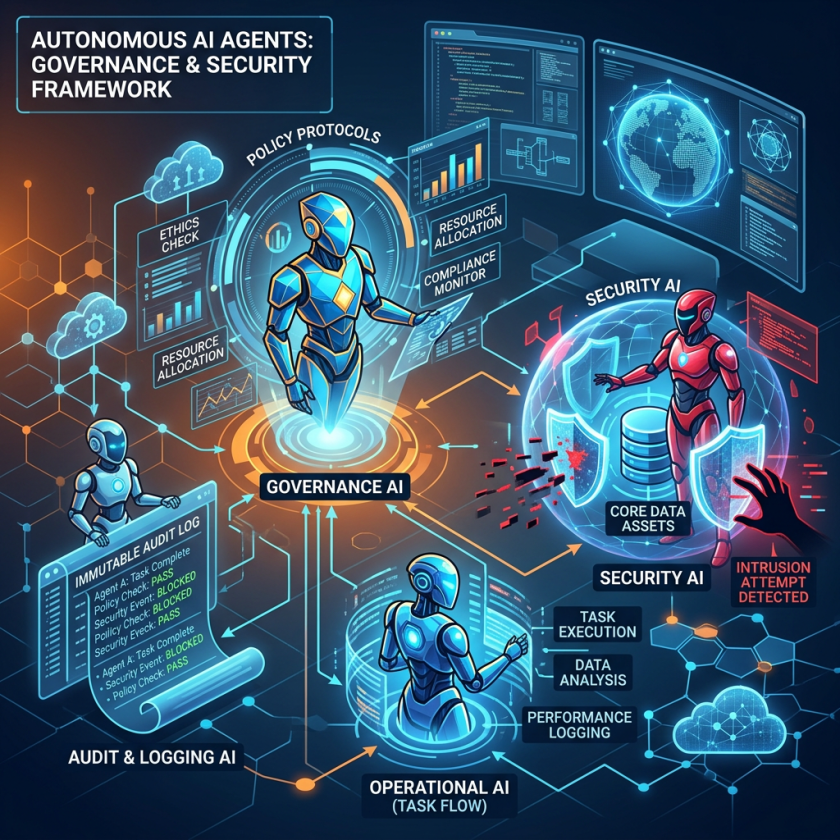 AI agents managing governance, security, operational tasks, and audit logging in a networked system