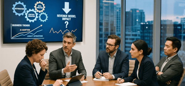 Five professionals in a meeting room discussing generative AI disruption with a presentation screen showing automation, data analysis, content creation, and revenue model impact
