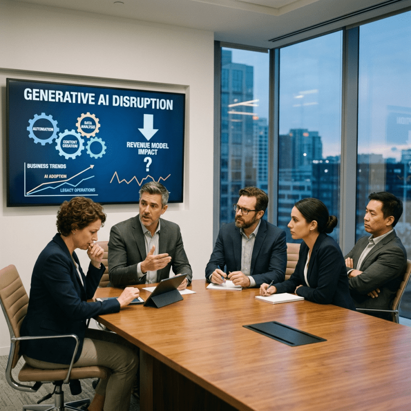 Five professionals in a meeting room discussing generative AI disruption with a presentation screen showing automation, data analysis, content creation, and revenue model impact