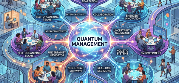 Diagram depicting quantum management concepts with interconnected teams and principles like collaboration, empowerment, and real-time decisions.