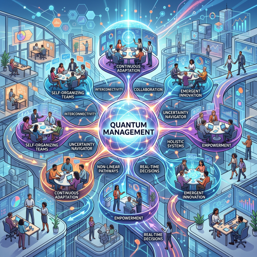 Diagram depicting quantum management concepts with interconnected teams and principles like collaboration, empowerment, and real-time decisions.