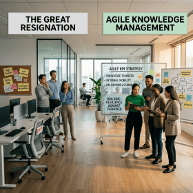 Team members collaborating on knowledge management strategies to combat high turnover and skill gaps
