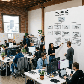 Startup office space with team members working and discussing under an organizational chart showing CEO, CFO, COO, CTO, and CMO roles
